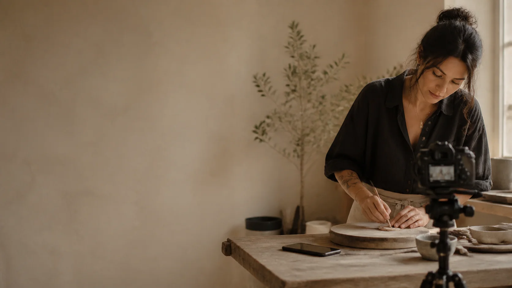 A creator shaping clay while filming in her studio.