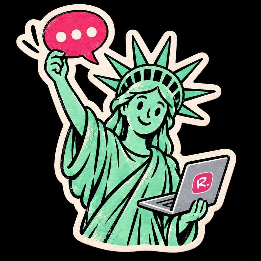 Liberty holding a conversation bubble and a gray laptop with a Ravela sticker.